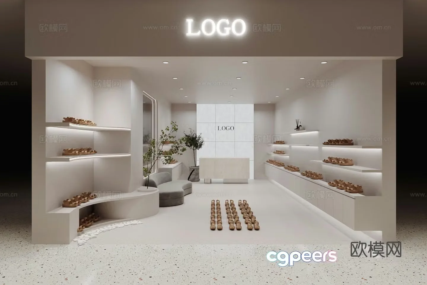 Wasabi style shoe store laminate rack green plants DuPont paper light box background wall cashier shoes 3d model
