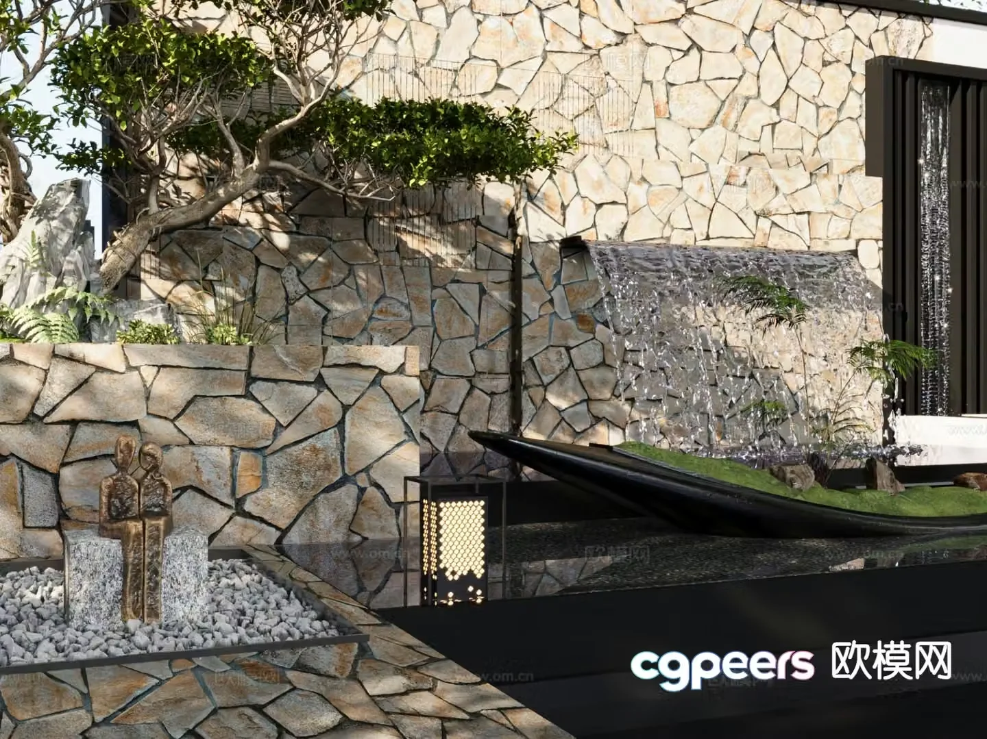 Modern courtyard sketch flowing water landscape 3D model