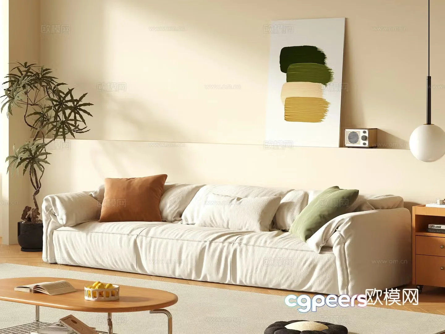 Modern cream style sofa multi-person sofa hanging painting green plants sofa coffee table combination 3D model