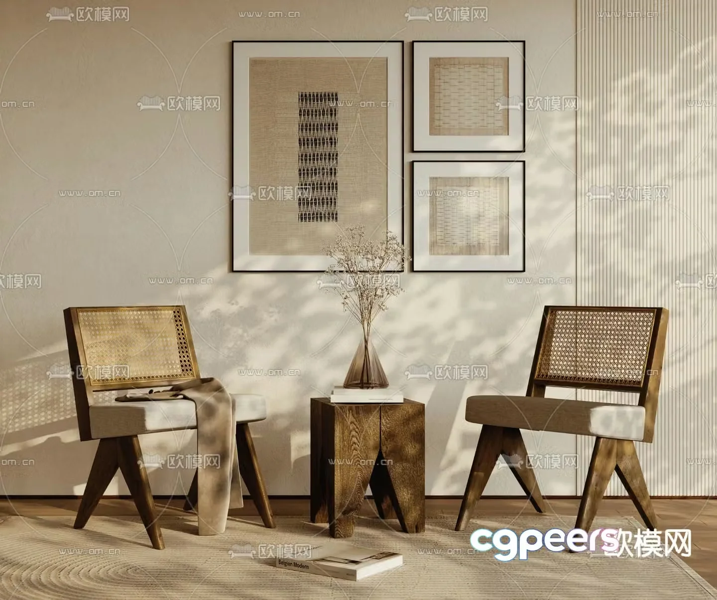 Wabi-sabi style chair leisure table and chair rattan chair 3D model