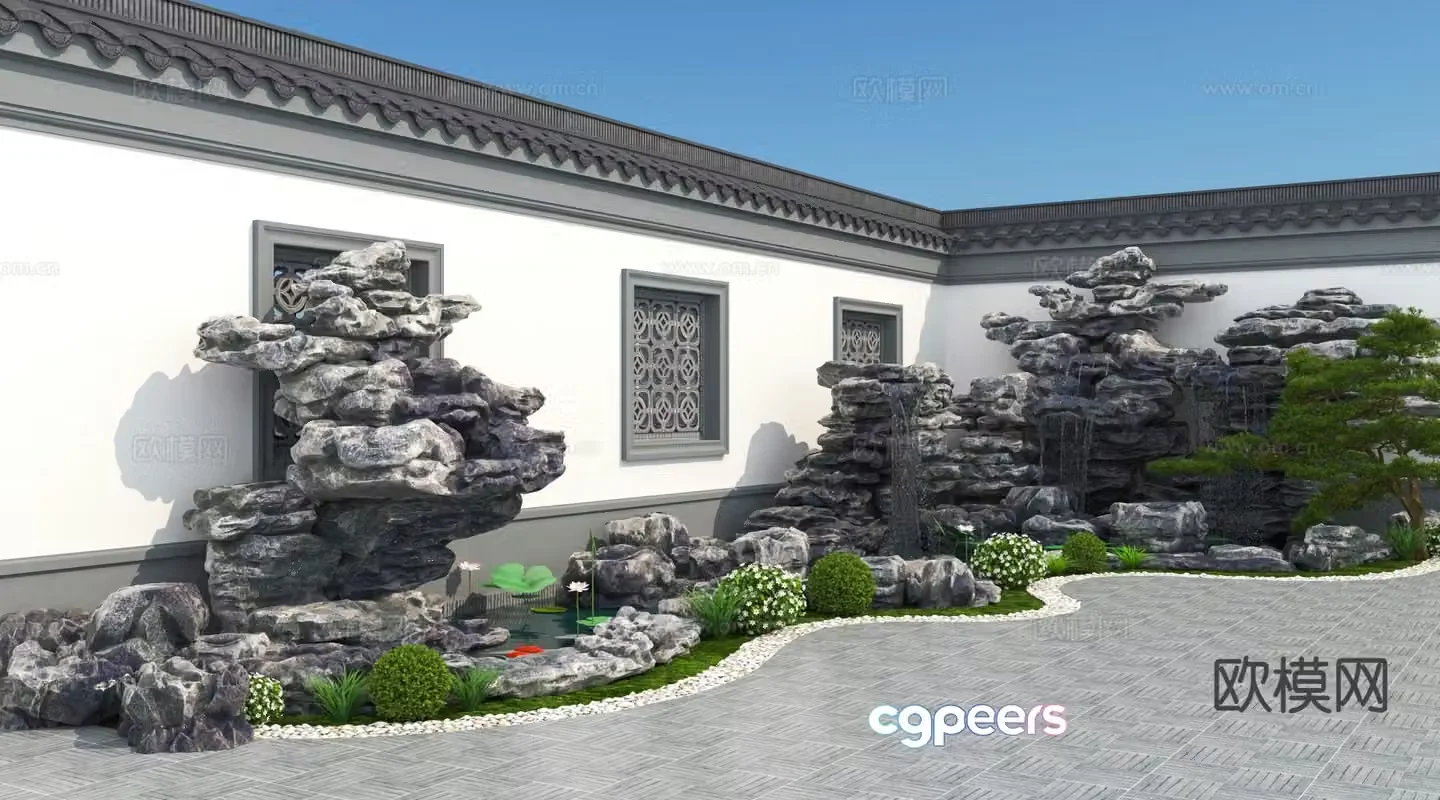 Rockery pool courtyard water feature 3D model