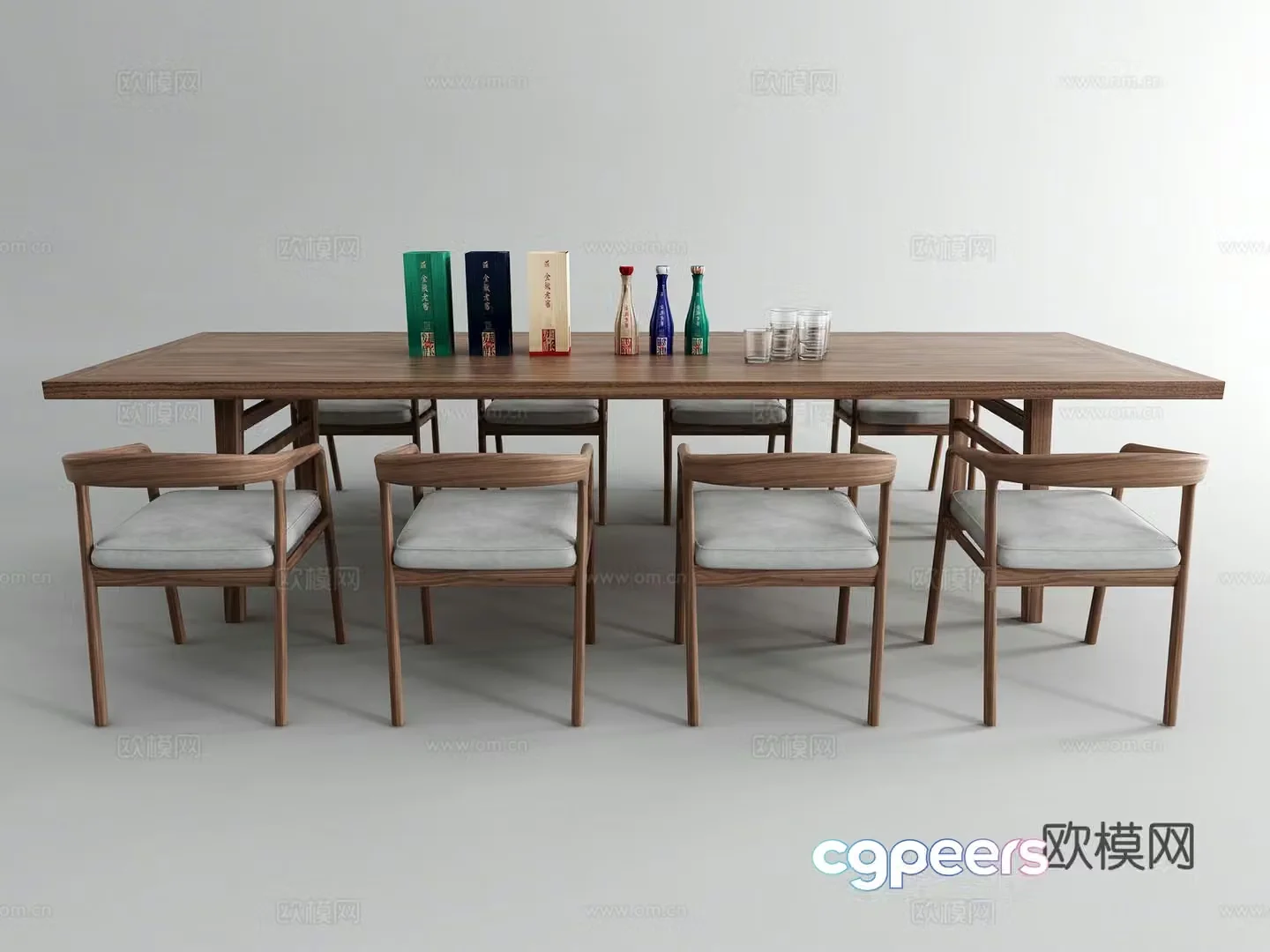 Modern solid wood table and chairs long dining table 3D model