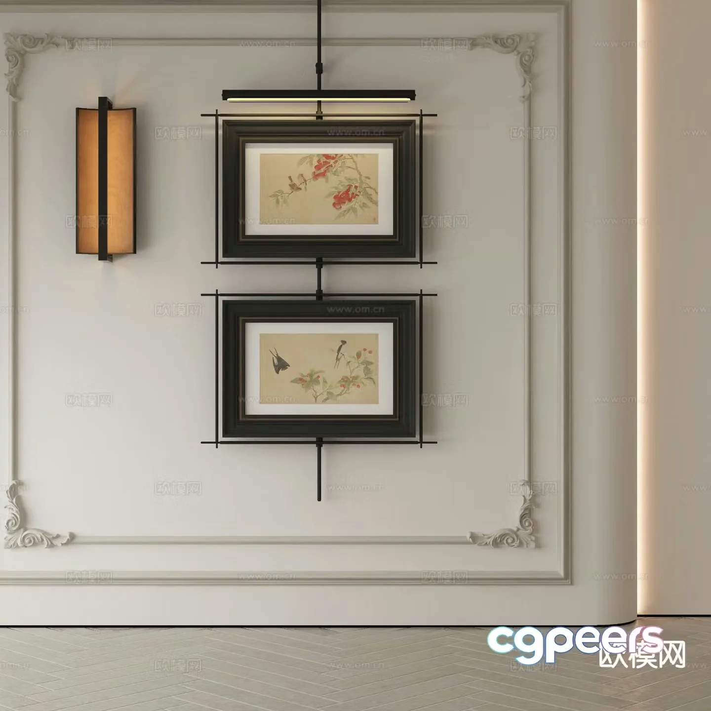 New Chinese style decorative painting metal pole hanging painting 3D model