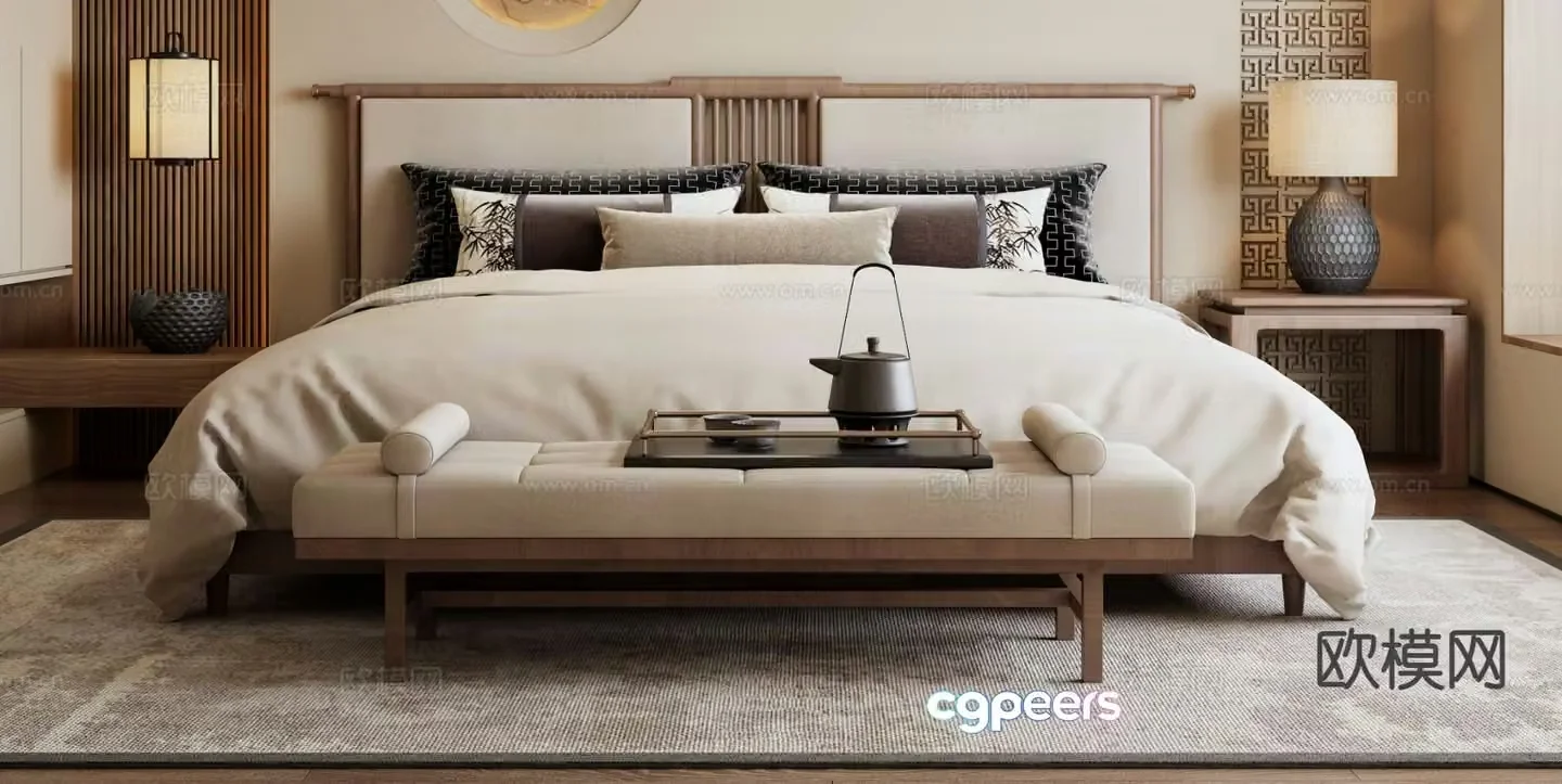 New Chinese style double bed 3d model