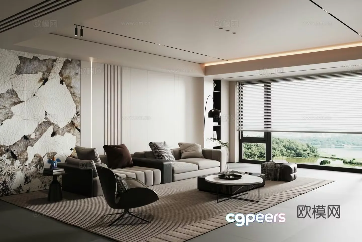 Modern minimalist and light luxury black and white gray living room 3D model