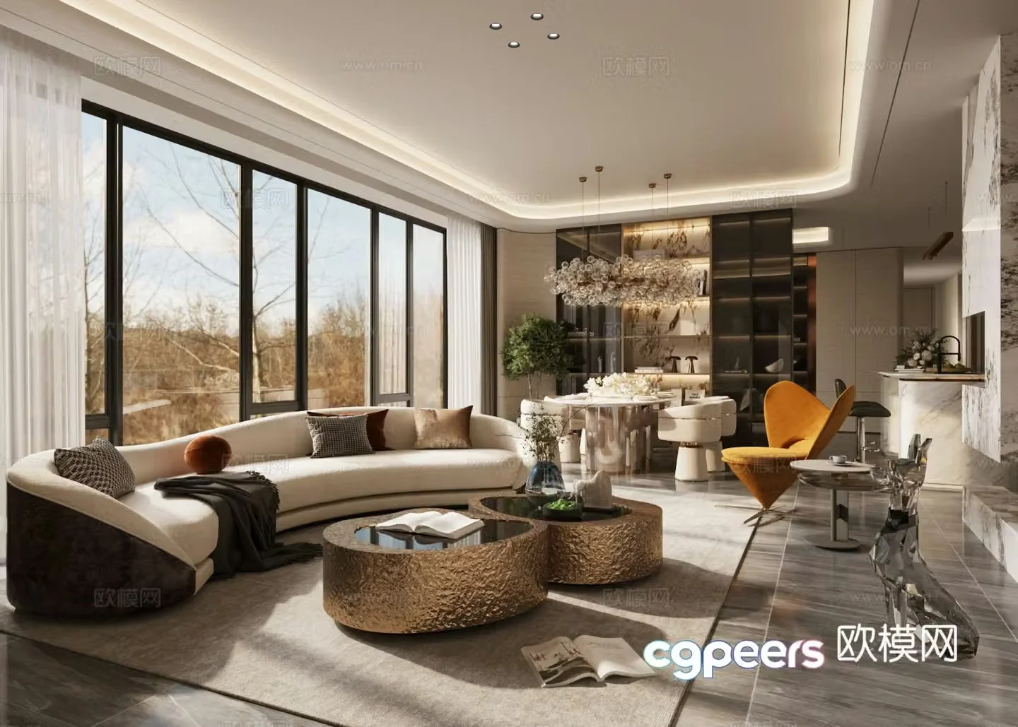 Modern living and dining room large flat floor living and dining room sofa and coffee table combination light luxury Italian living and dining room 3D model