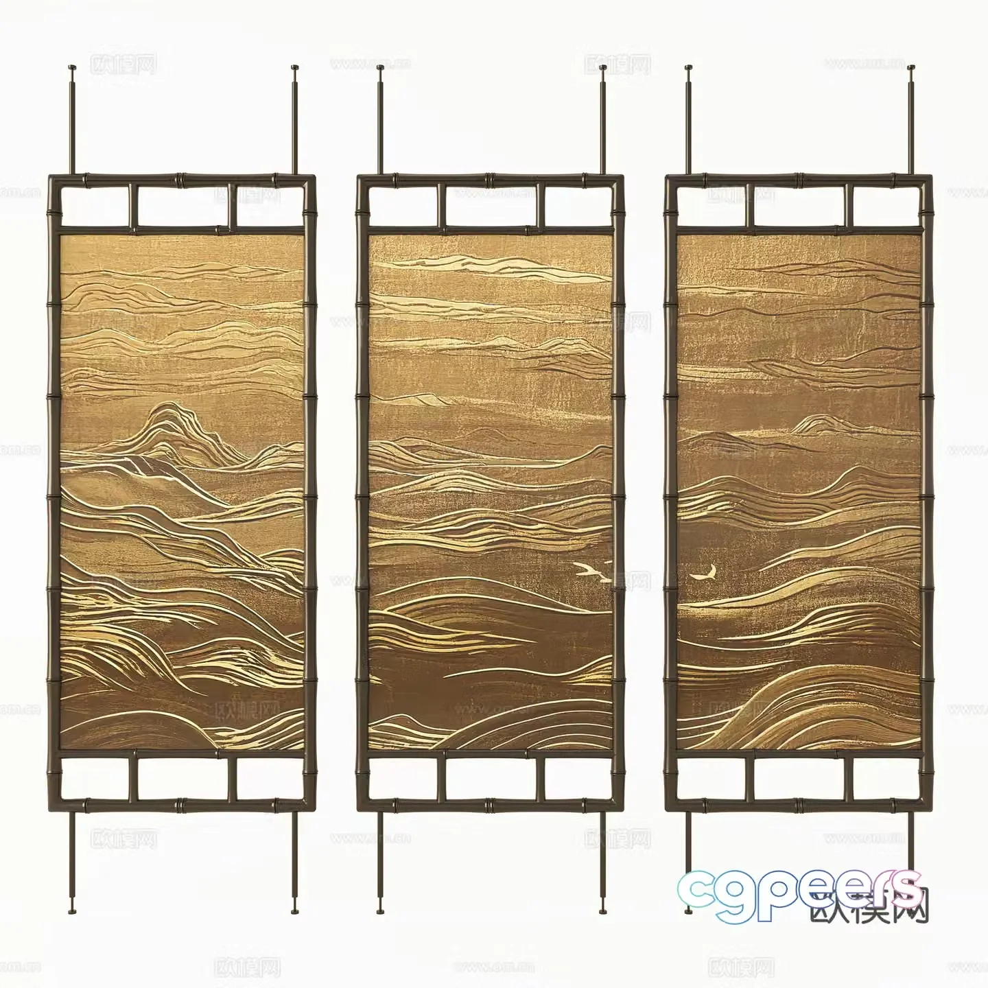 New Chinese-style screen partition Bamboo screen Metal screen 3d model