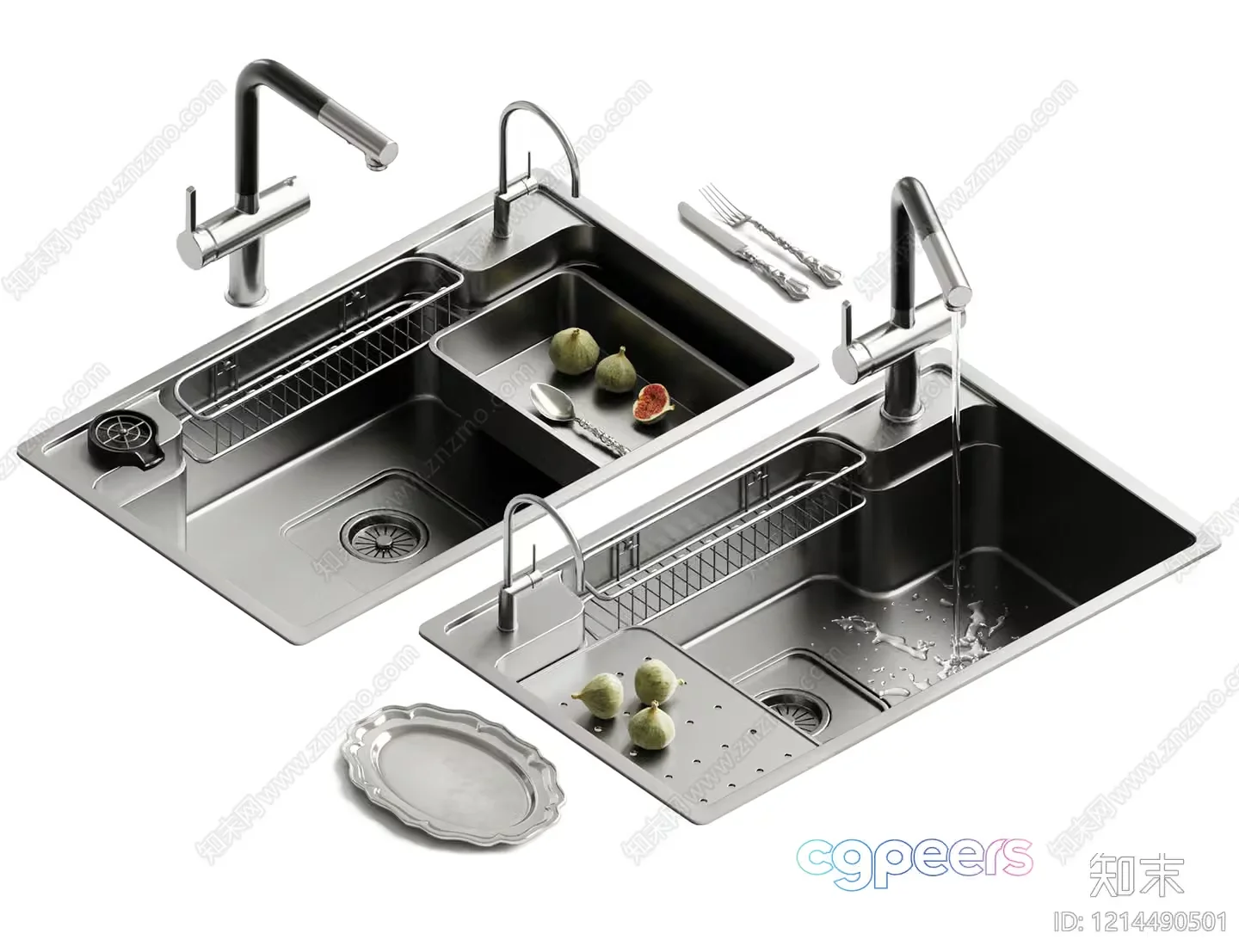 Two Stainless Steel Sinks 3D Model – 16993 – VRAY Render