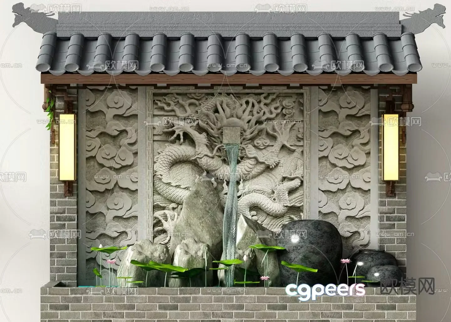 Chinese rockery waterscape fountain pool 3D model