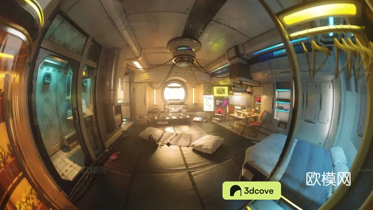 Modern cyberpunk science fiction scenes Indoor cyberpunk bedrooms Cyberpunk hotels Science fiction field