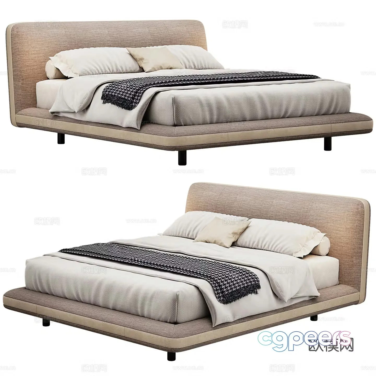 Modern Double Bed Fabric Double Bed Bedroom Bed Frame Bedding Bedding Pillow Holding 3D Model