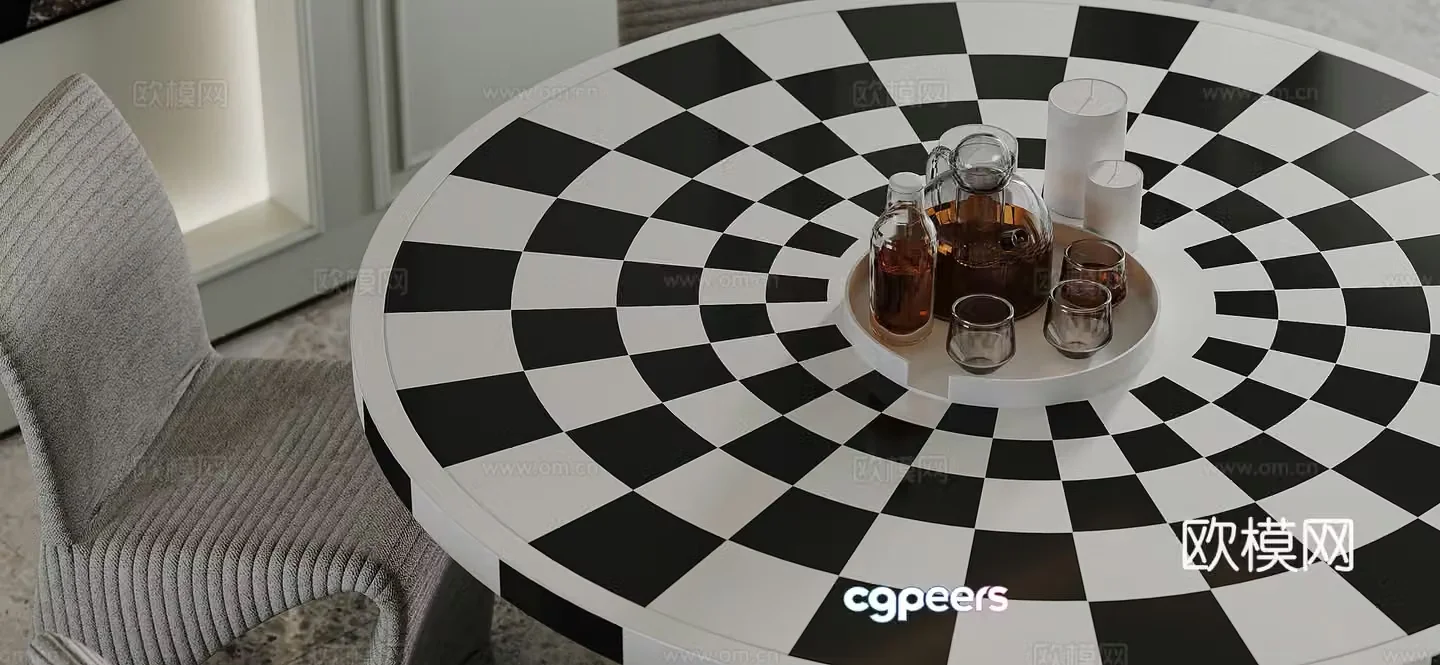 Modern black and white plaid round dining table 3d model