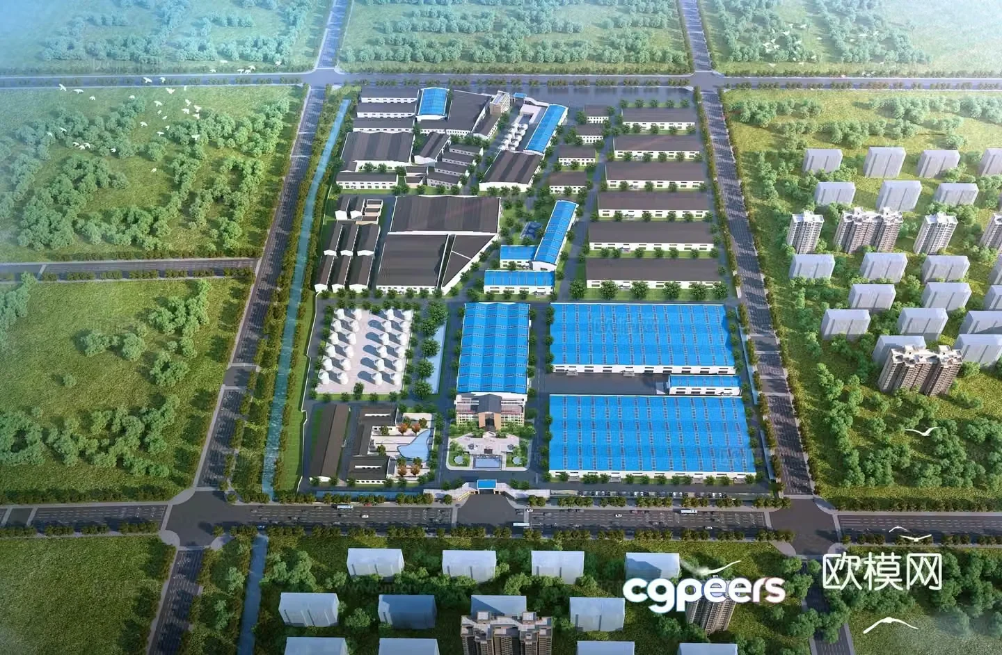 Modern factory bird’s eye view planning 3D model