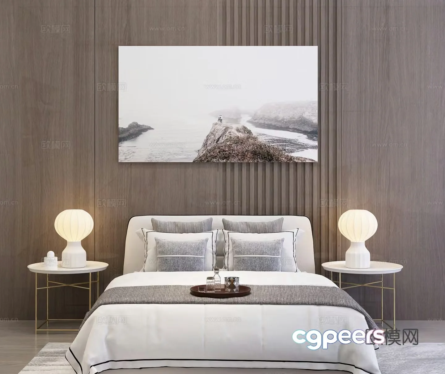 Modern double bed nightstand decorative painting 3d model
