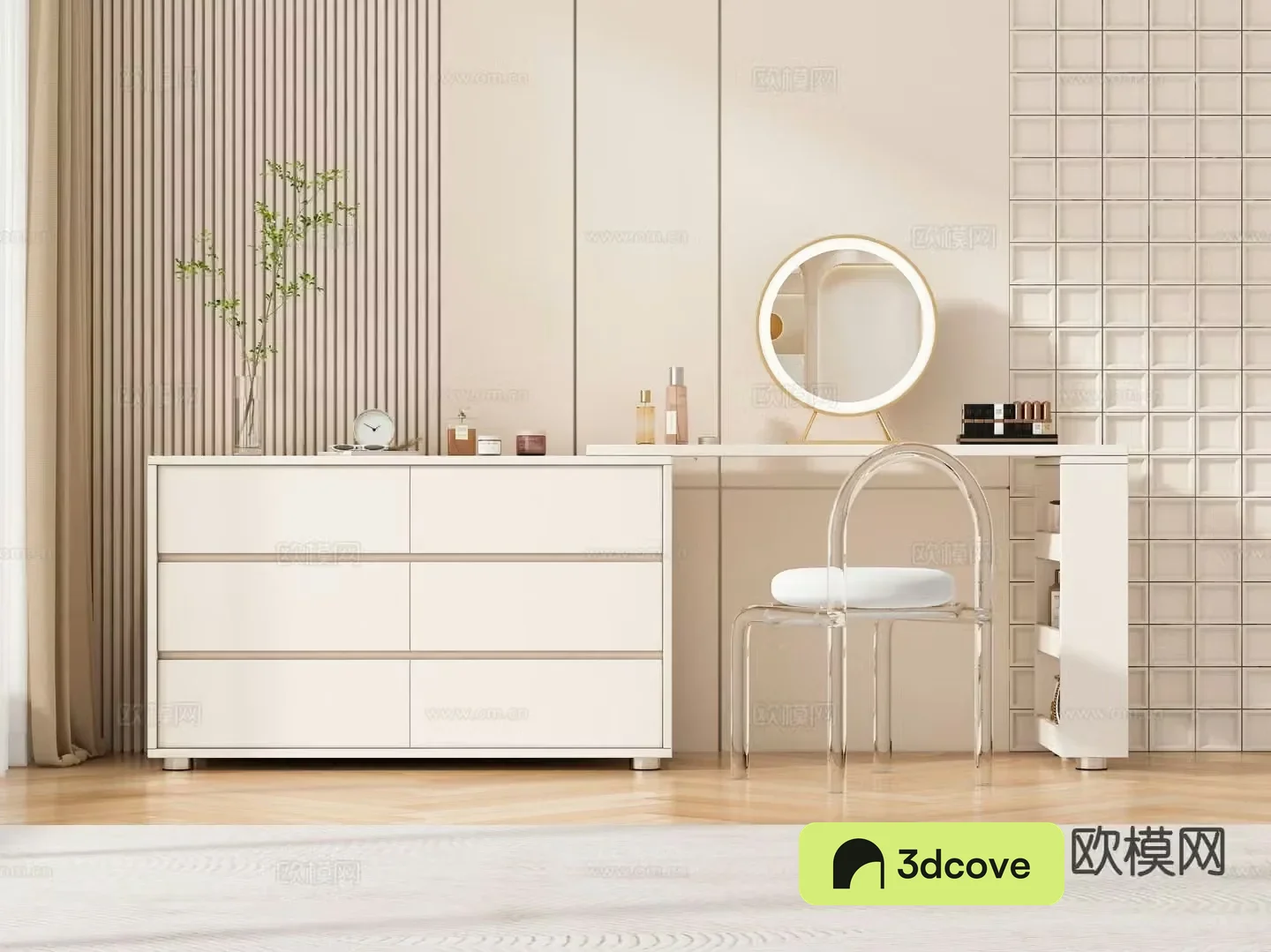 Cream style dresser storage cabinet integrated