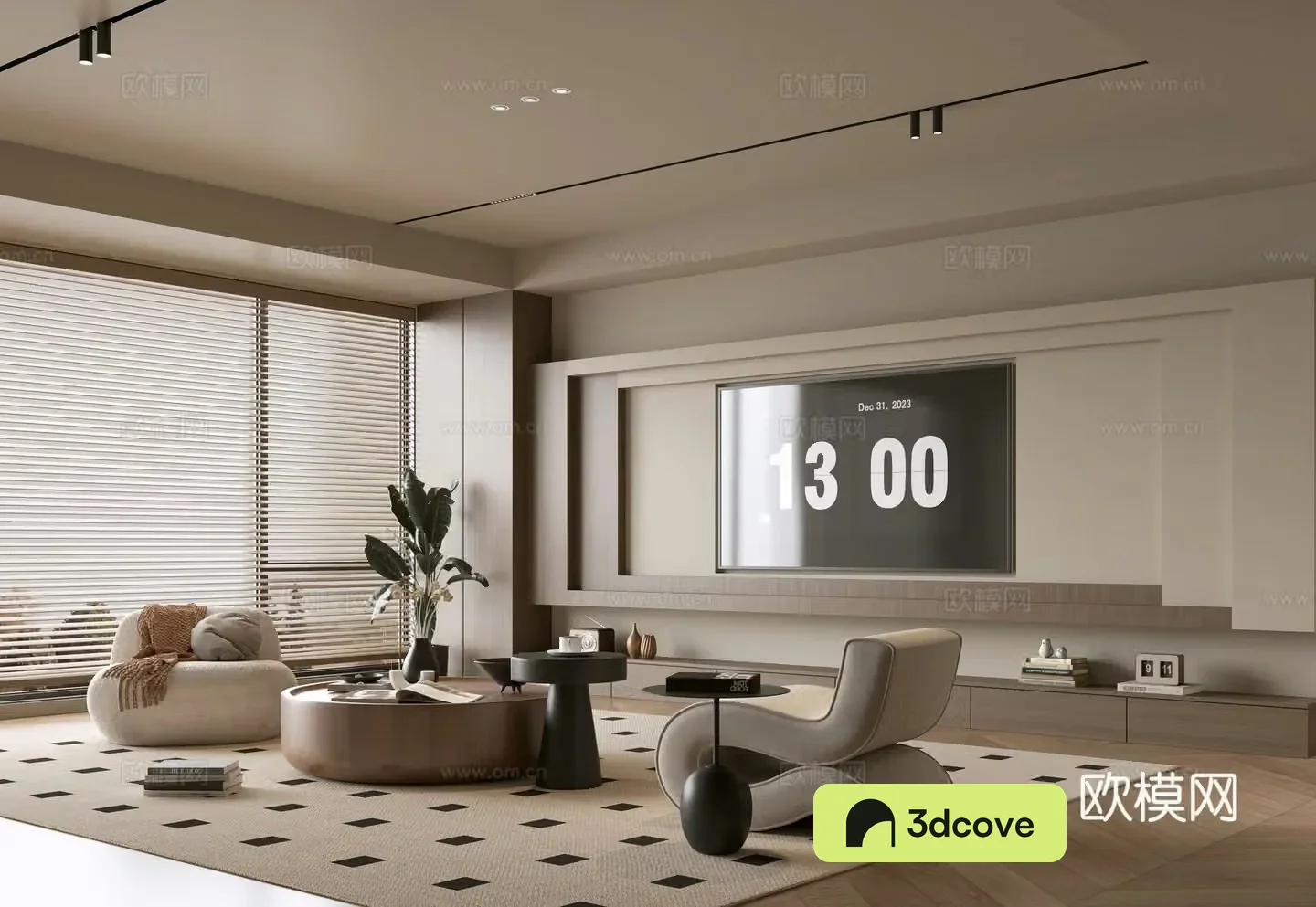 The ancient TV background wall of the TV cabinet and the background wall of the modern Wasabi style living room The ancient style 3D model