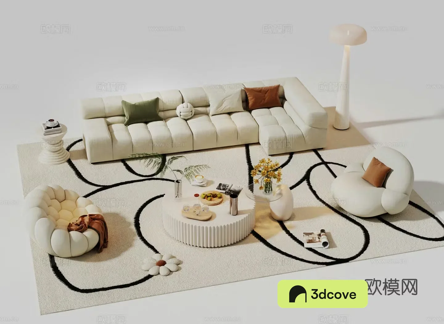 Modern cream sofa combination casual sofa multi-person sofa living room sofa coffee table combination carpet