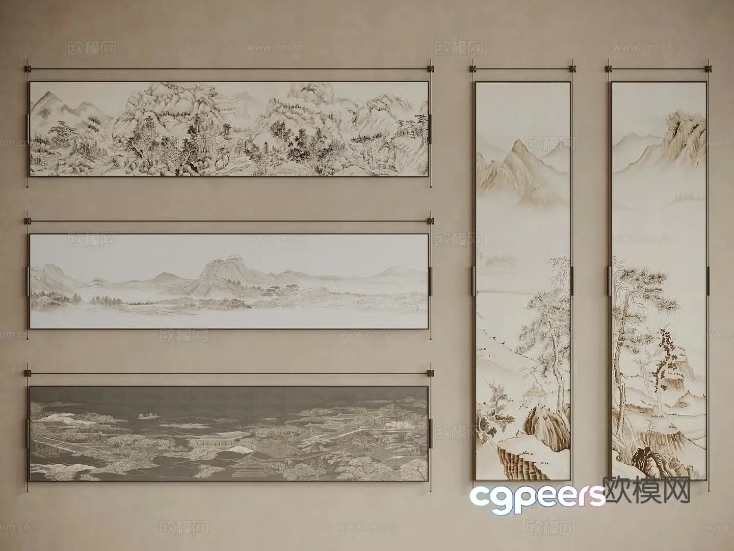 Middle Ages New Chinese Style Hanging Painting Picture Frame Study Hanging Painting Tea Room Hanging Painting Living Room Hanging Painting 3D Model