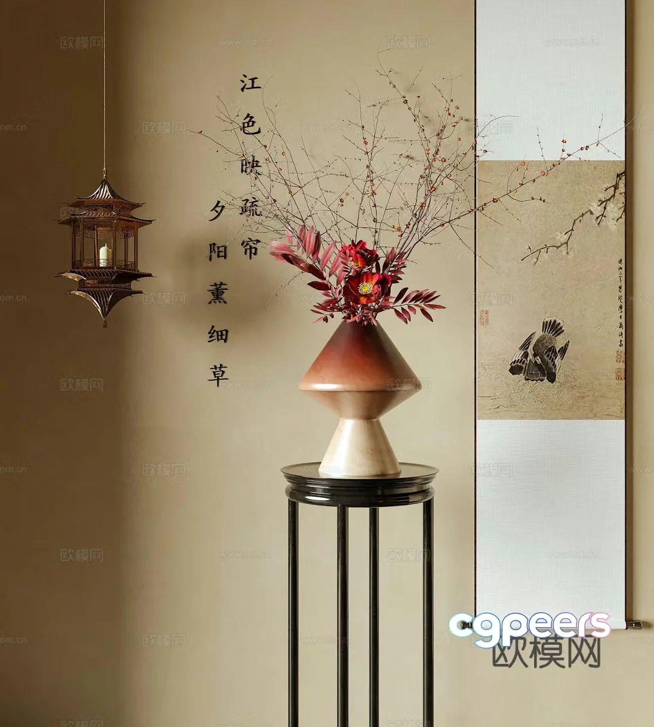 New Chinese vase flower art flower arrangement flower art hanging painting 3D model