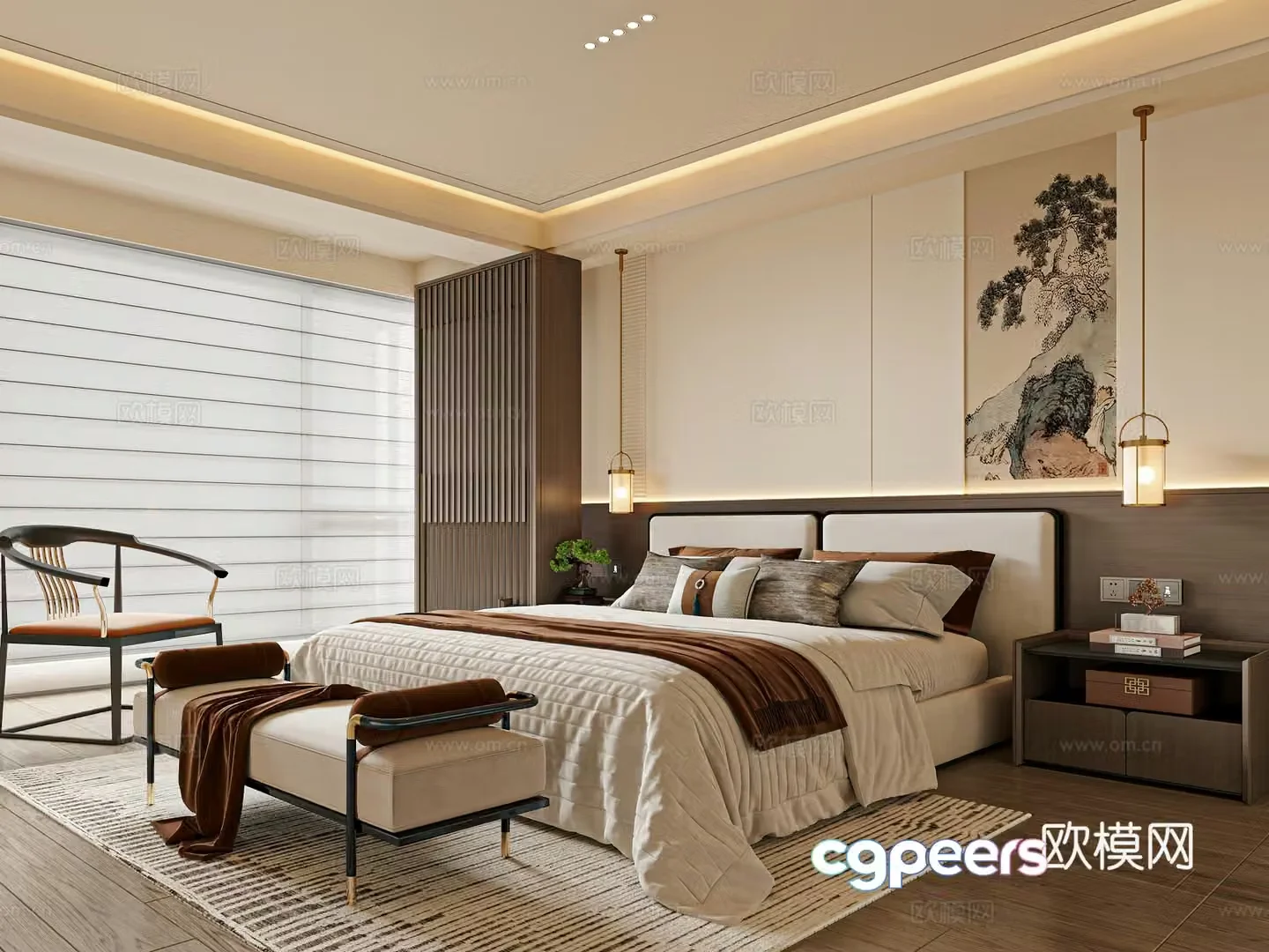 New Chinese style bedroom double bed nightstand 3D model