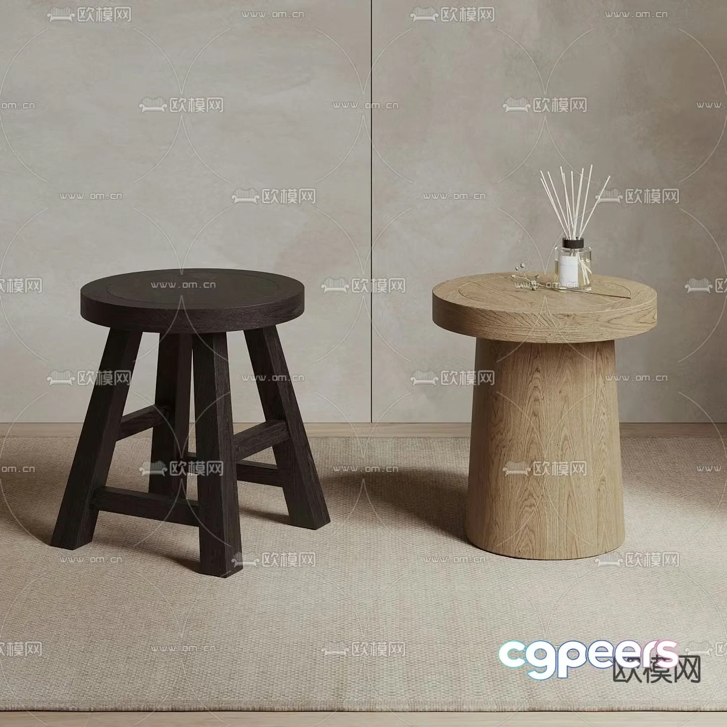 Log style stool low stool round stool wooden stool 3D model