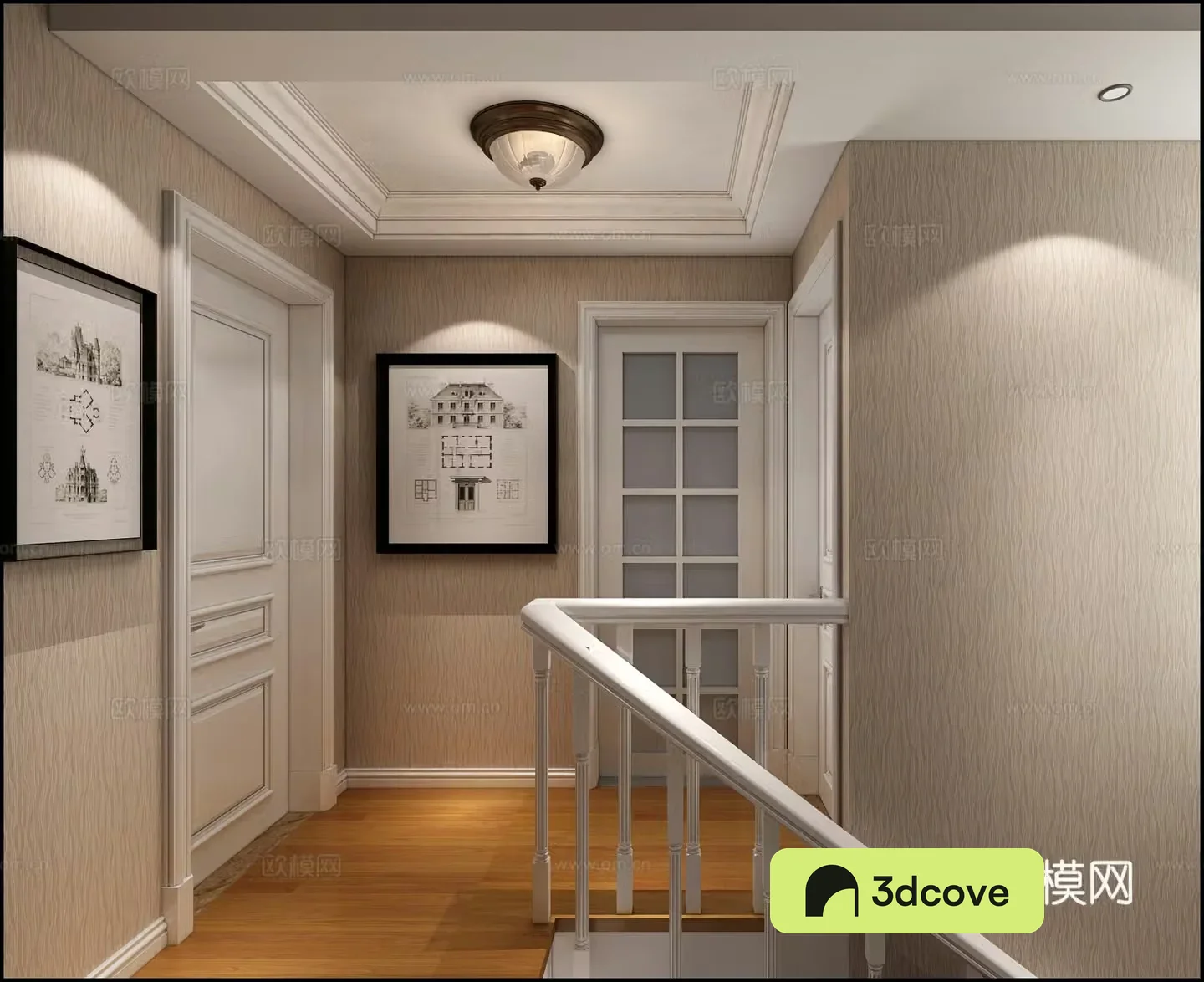 Modern simple American duplex sofa chandeliers open kitchen stair curtains bar 3D model hanging paintings
