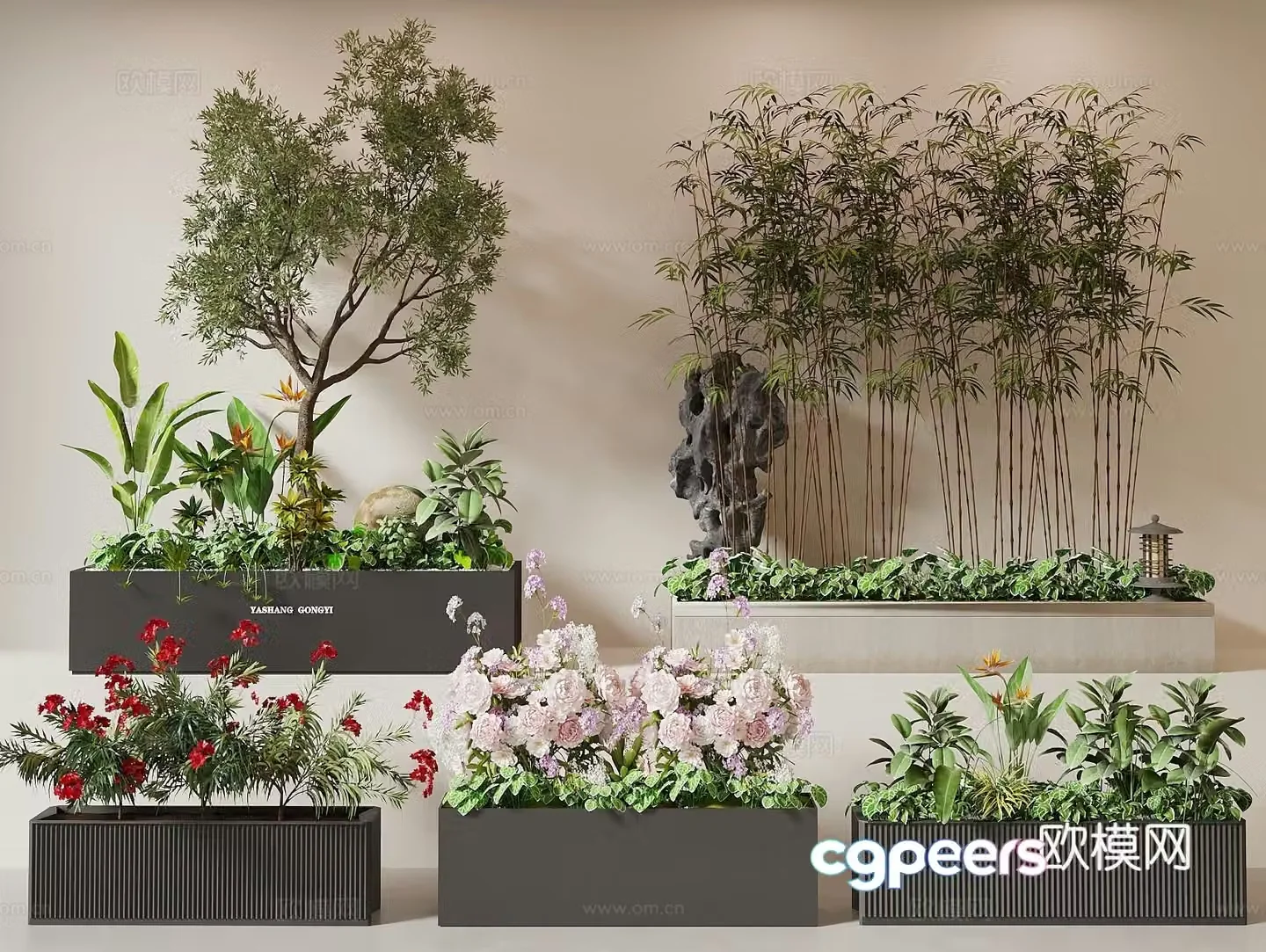 Flower box exterior plant flower box plant pile bamboo red maple mobile flower box 3D model