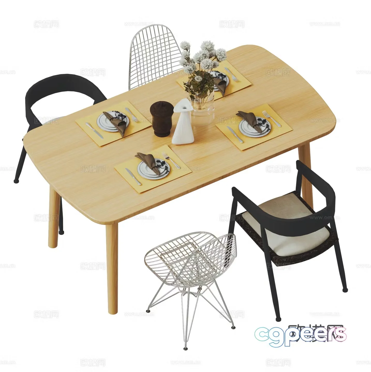 Industrial style dining table and chairs Simple dining table and chairs Wrought-shaped leisure chairs Rectangular log dining table Tableware 3D model