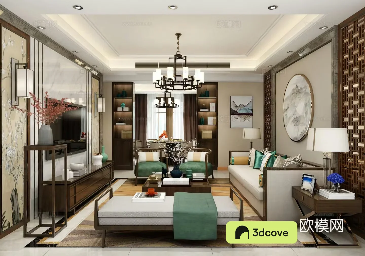 New Chinese style living and dining room sofa combination sofa coffee table chandeliers desktop ornaments 3D model of hanging paintings