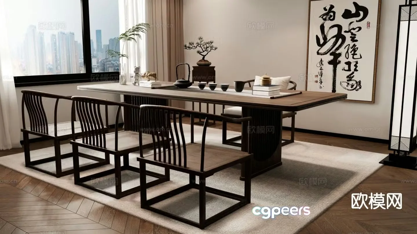 New Chinese tea table and chairs 3d model