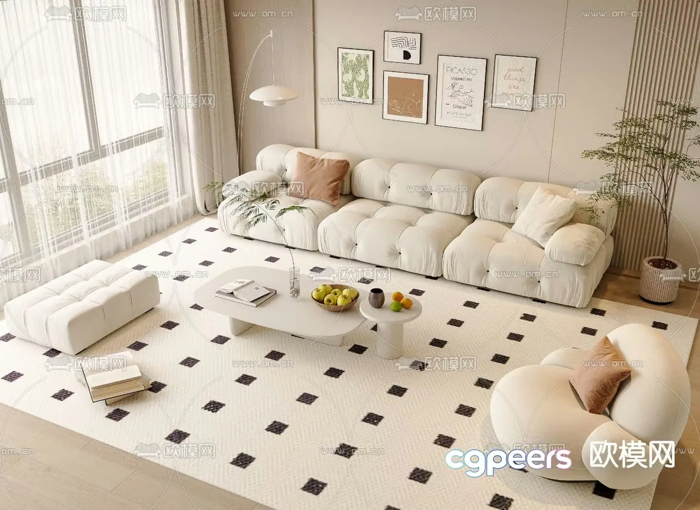 Cream sofa combination three-seat sofa 3d model
