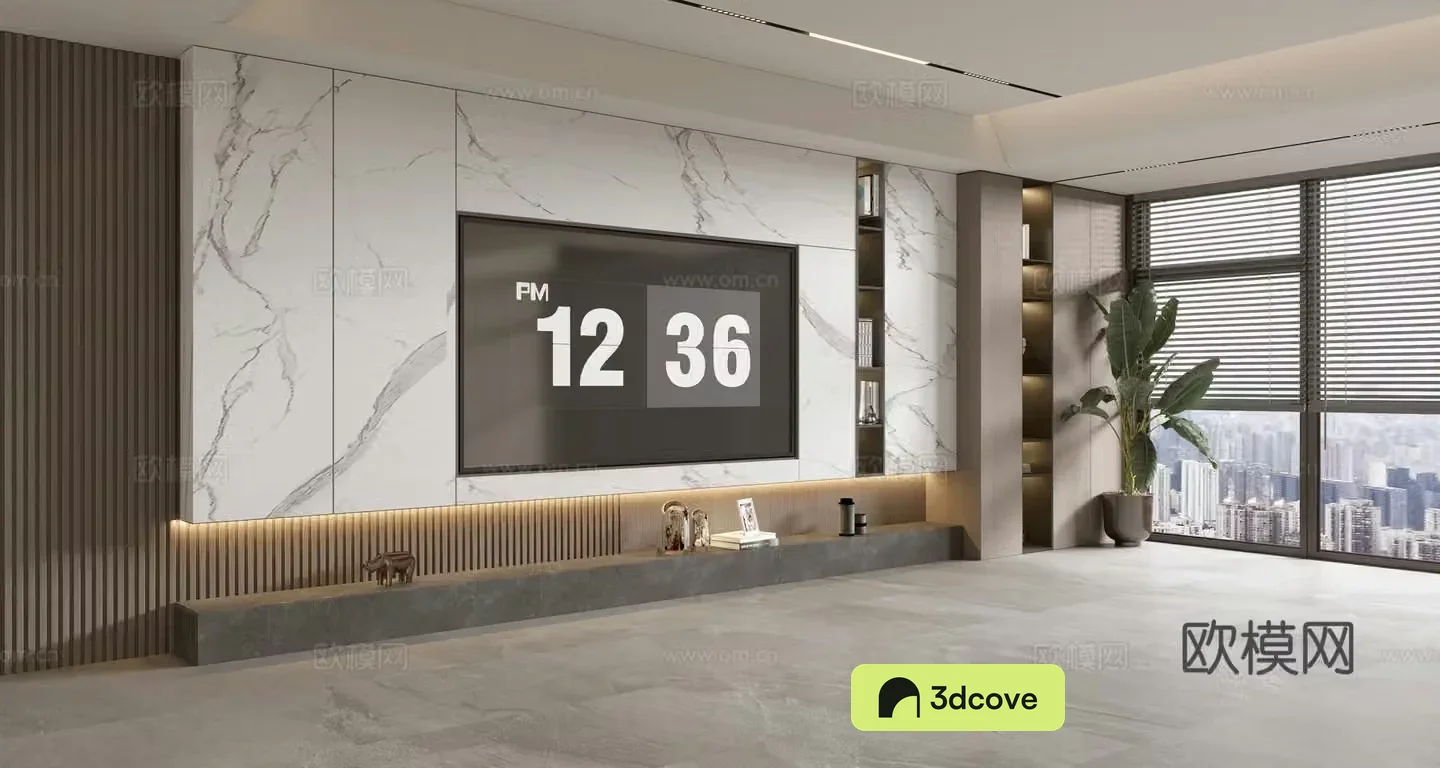 Modern Italian living room light luxury TV background wall full wall TV cabinet marble background wall
