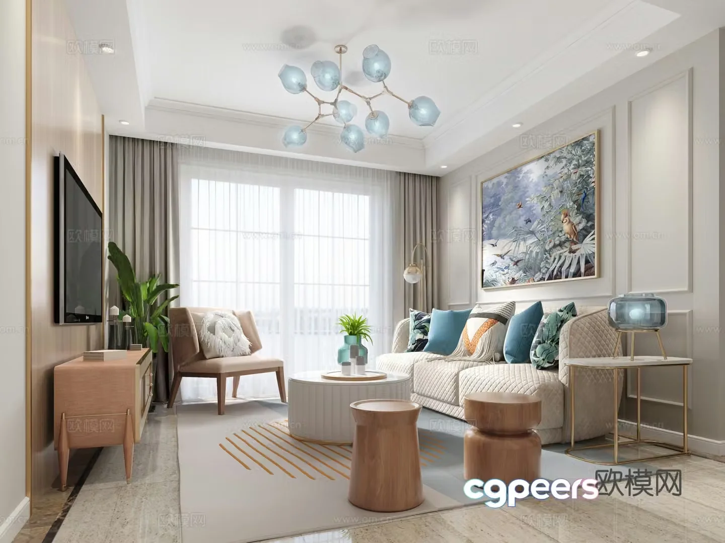 Modern simple living room and dining room sofa dining table and chairs TV cabinet entrance cabinet wooden 3D model