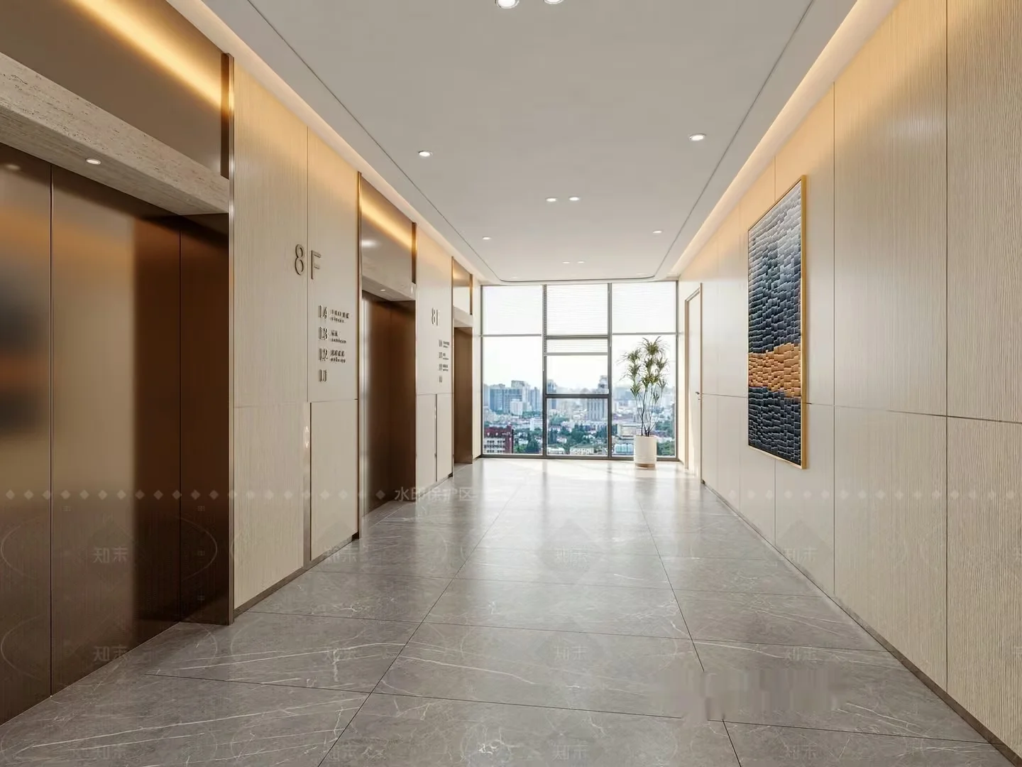 A Modern Hallway With Elevators 3D Model – 4216 – CORONA Render