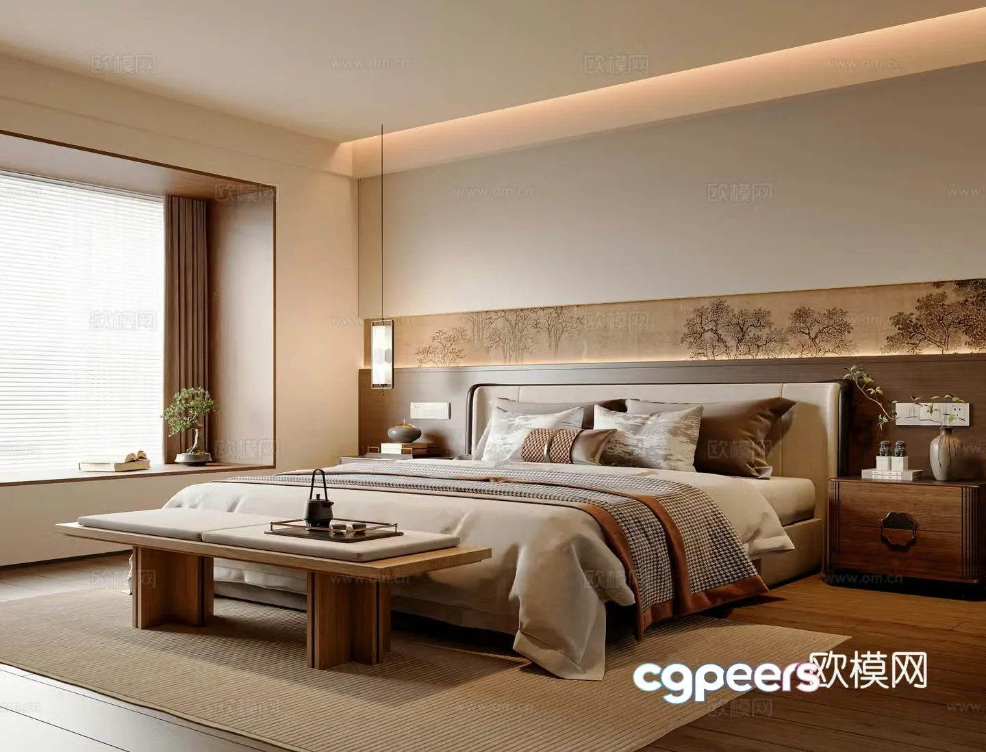 New Chinese style bedroom Master bedroom New Chinese style double bed New Chinese style bedside table New Chinese style bedside stool 3D model