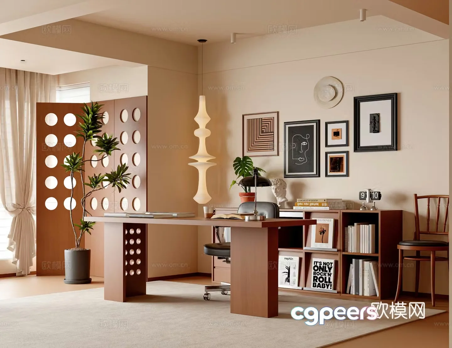 Medium-old cream style study desk and chair living room study bookshelf potted plant floor lamp 3d model