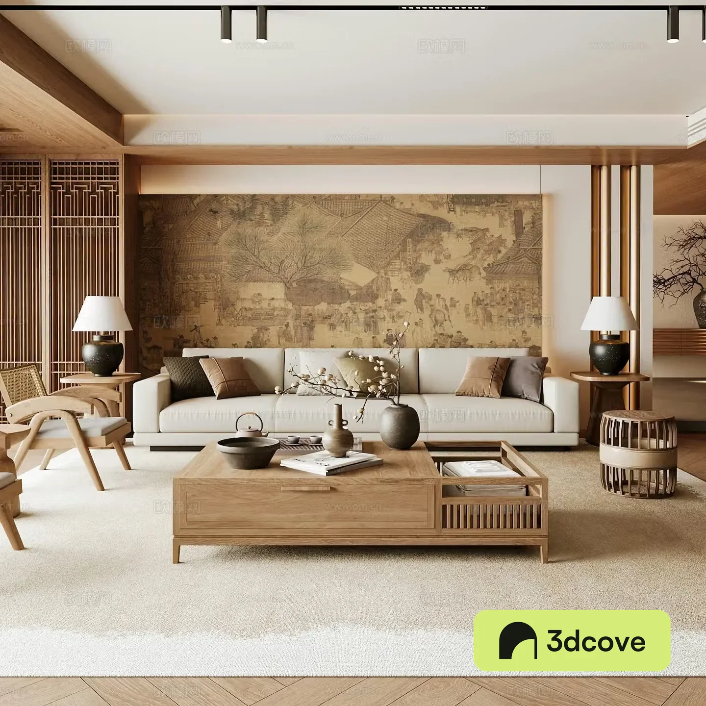 New Chinese Song style living room Chinese sofa combination Song style aesthetics Solid wood coffee table Chinese background
