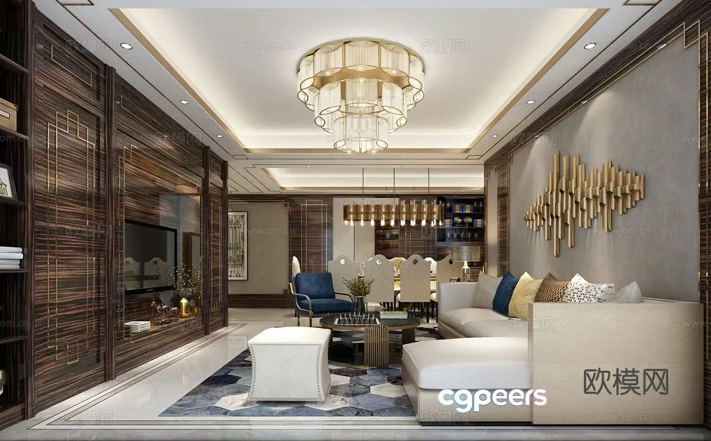 Modern living and dining room chandeliers sofa coffee table combination 3D model