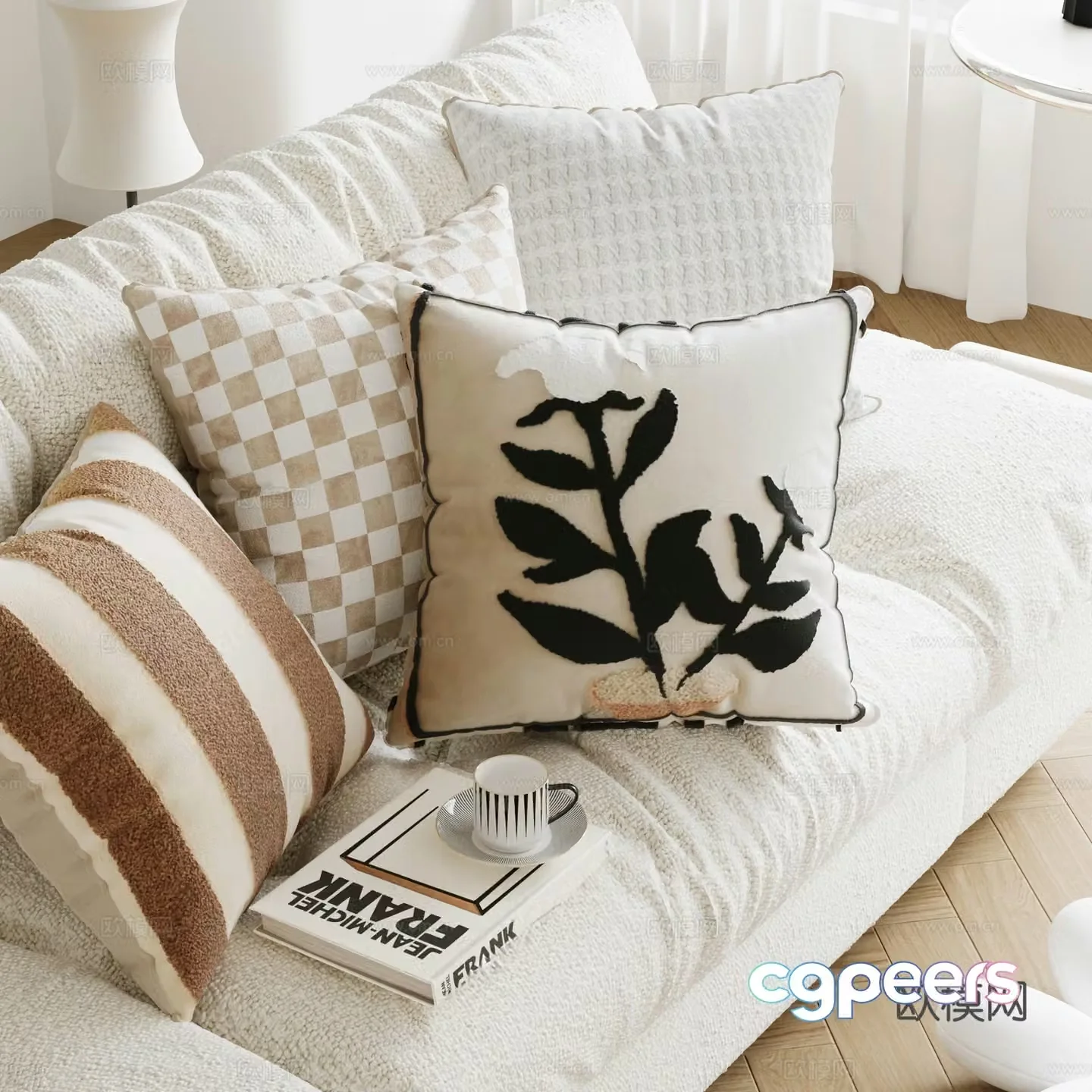 Modern simple pillow sofa pillow books coffee cup 3d model