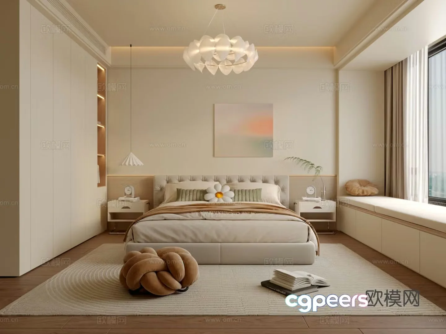 Modern creamy bedroom 3d model