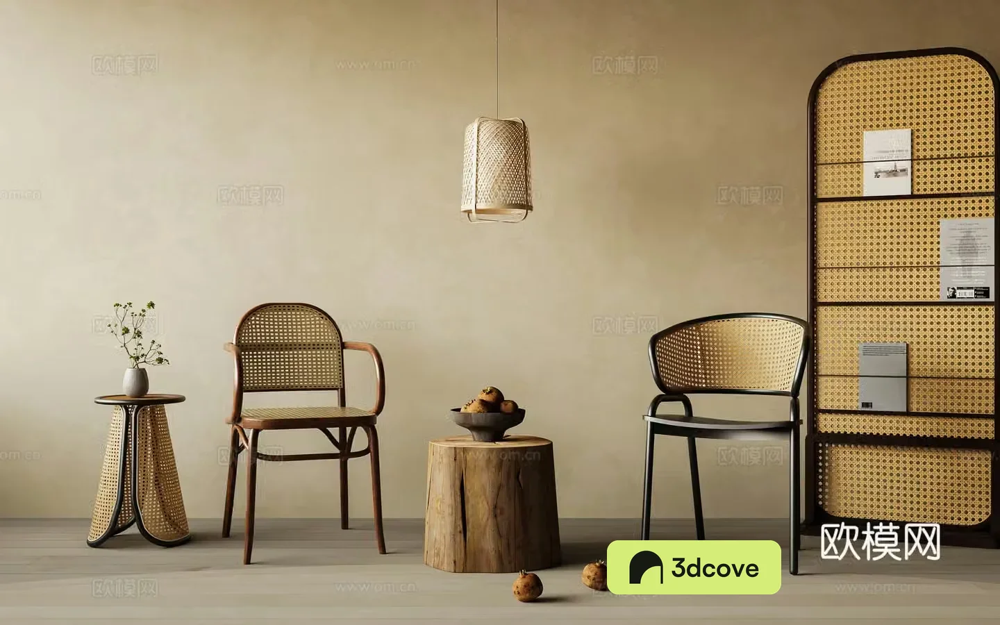 Chair combination Wasabi Middle Ages Chair Rattan Chandelier Rattan Chair Rattan Furniture 3D Model
