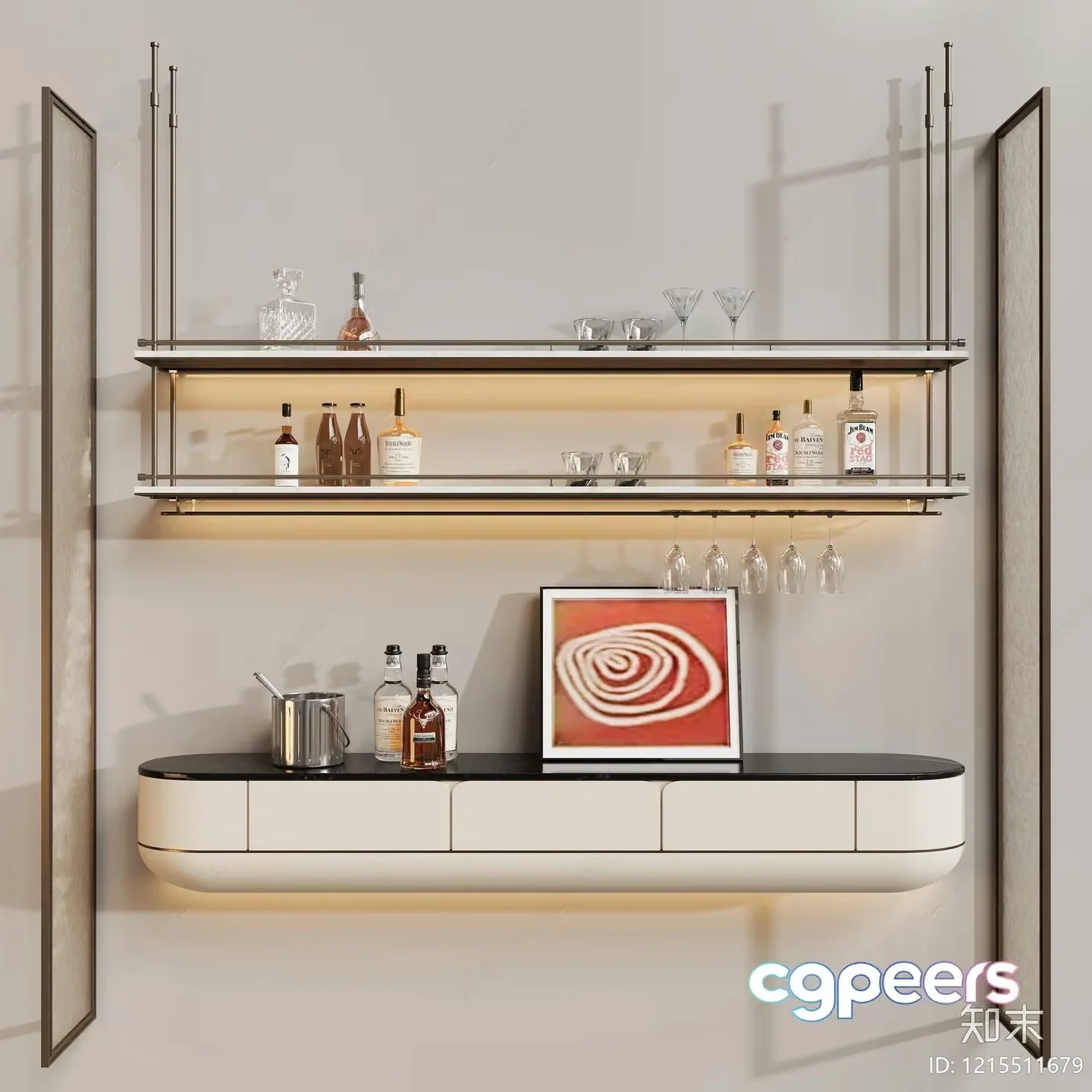 A Shelf With Various Bottles And A Picture 3D Model – 13424 – VRAY Render