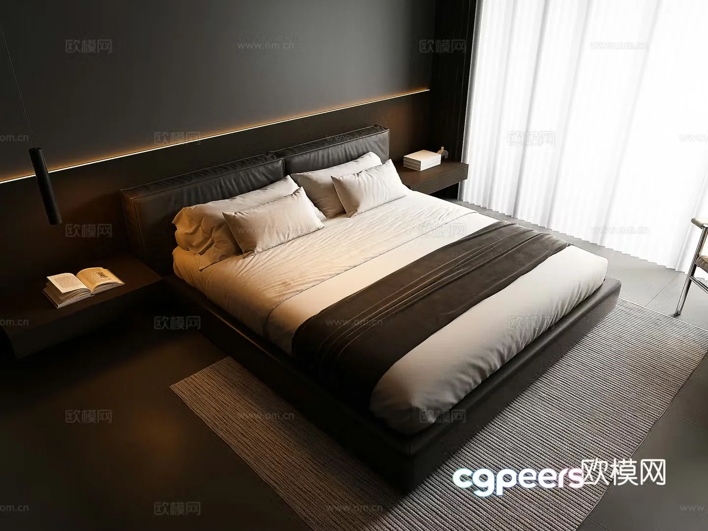 Modern double bed Italian double bed Minimalist double bed Carpet Bedside chandelier 3d model