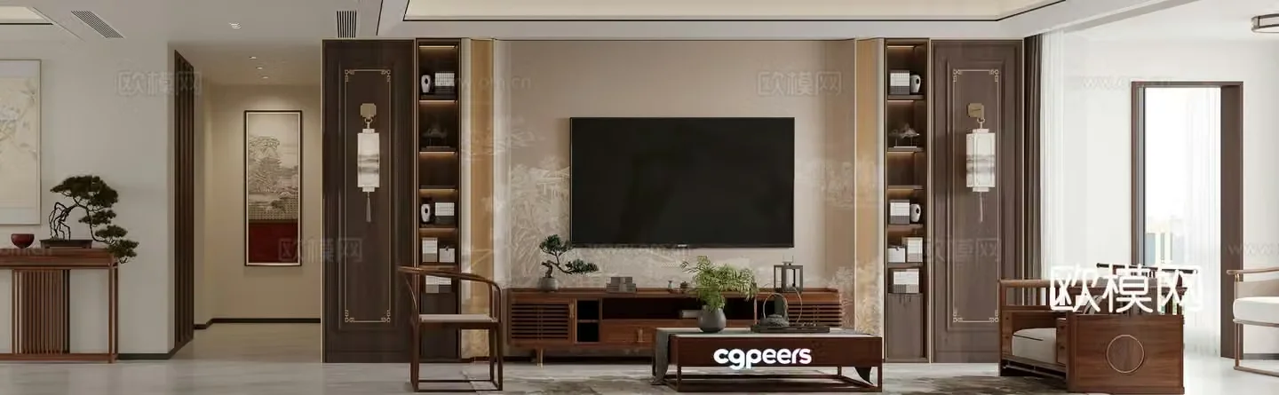New Chinese style living room TV background wall TV cabinet dining table shoe cabinet medieval style living room 3D model