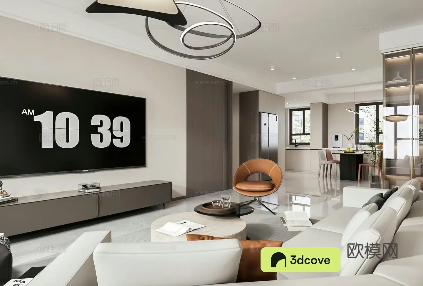 Modern living and dining room open kitchen