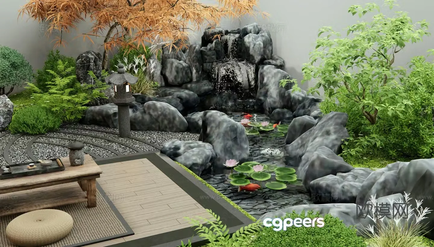 New Chinese rockery landscape garden fish pond shrub plant combination red maple lotus 3D model