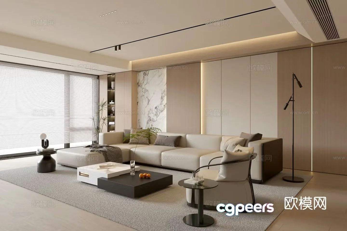 Modern cream simple living room balcony cabinet sofa combination coffee table sofa background wall 3d model