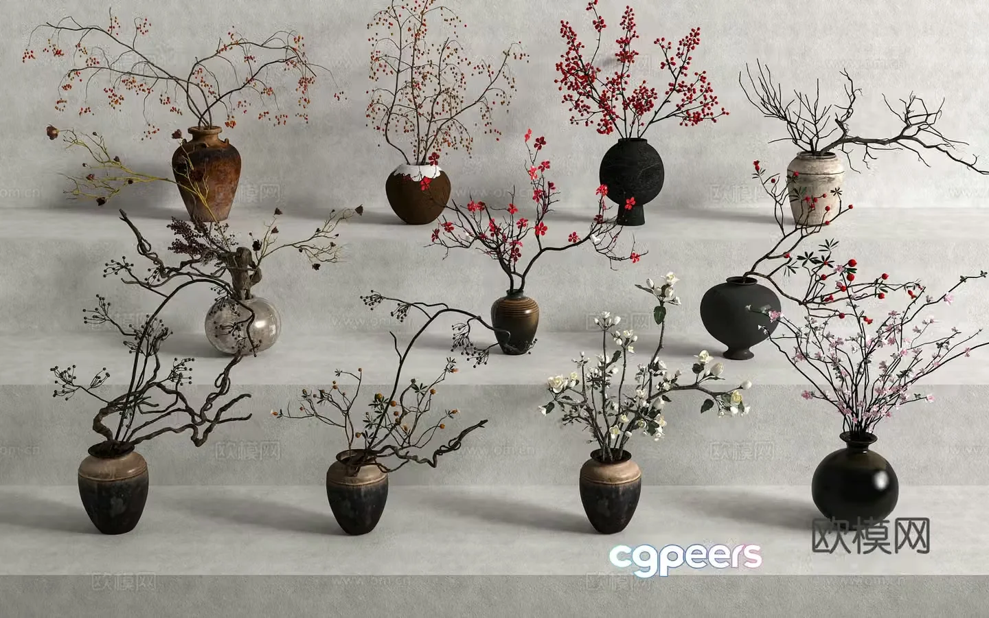 New Chinese style flower art dry branches dead branches pottery jar vase ancient flower art 3D model