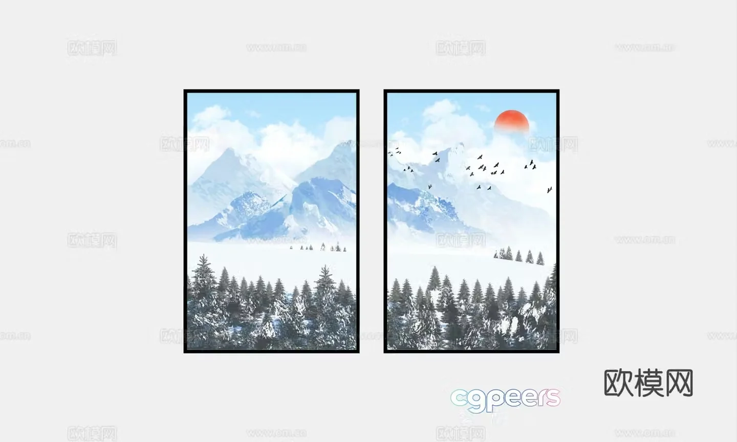 New Chinese style decorative painting landscape painting hanging painting 3D model