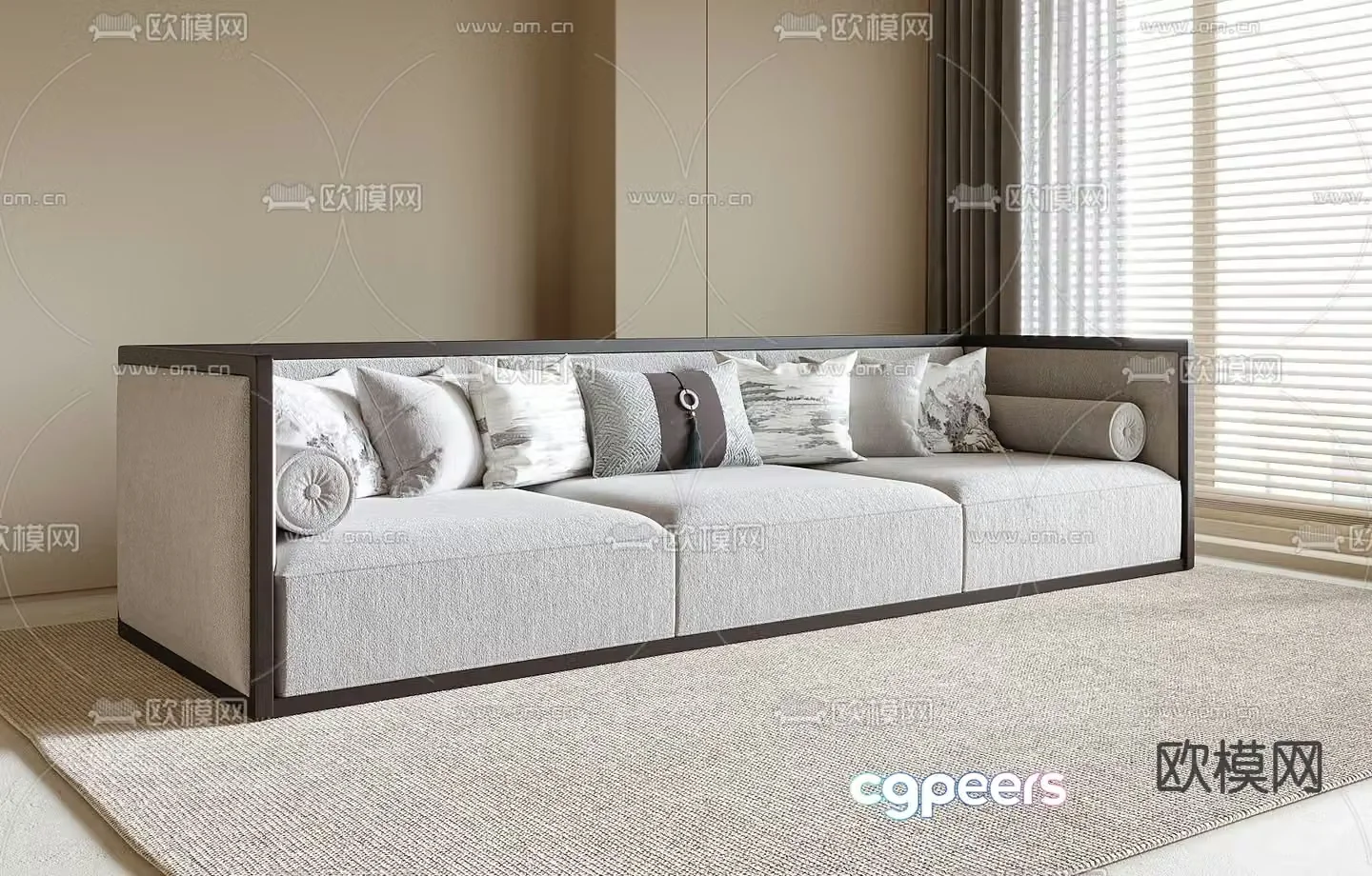 New Chinese style one-shaped sofa three-person sofa 3D model